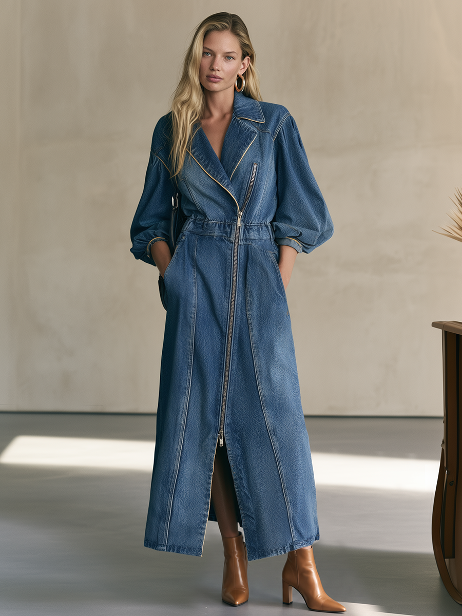 Dark Denim Maxi Coat Dress With Asymmetric Zipper And Balloon Sleeves