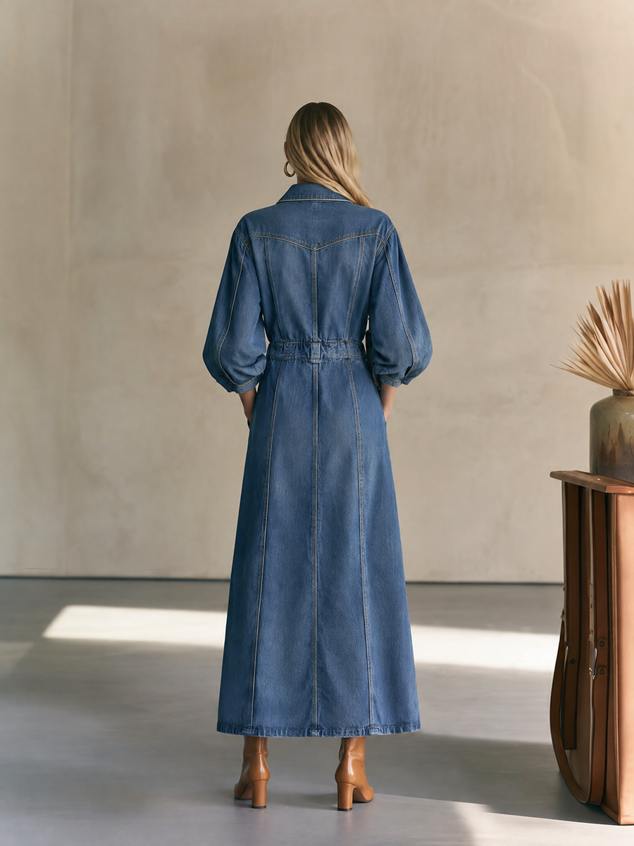 Dark Denim Maxi Coat Dress With Asymmetric Zipper And Balloon Sleeves