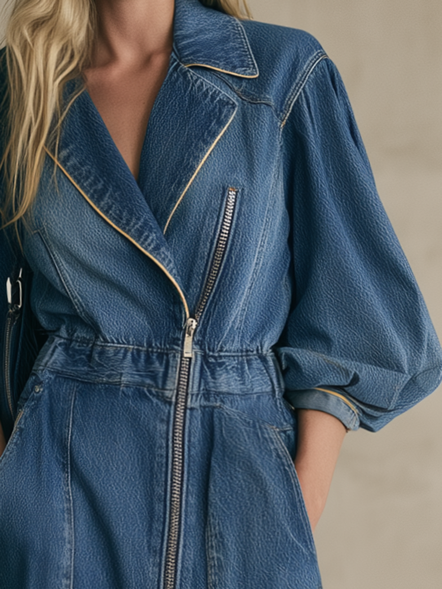 Dark Denim Maxi Coat Dress With Asymmetric Zipper And Balloon Sleeves