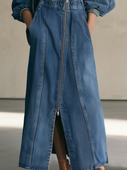 Dark Denim Maxi Coat Dress With Asymmetric Zipper And Balloon Sleeves