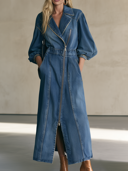 Dark Denim Maxi Coat Dress With Asymmetric Zipper And Balloon Sleeves