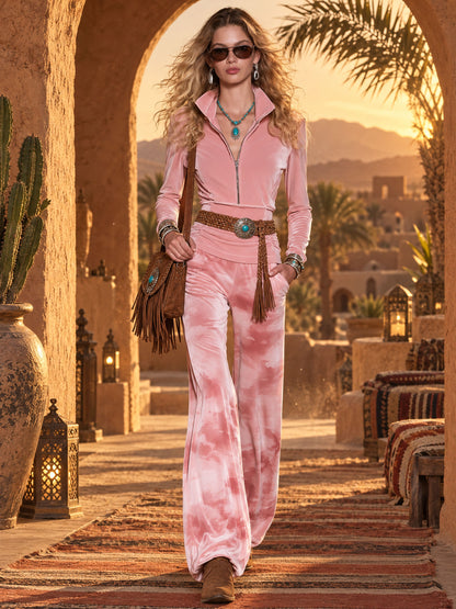 Casual And Stylish Half-zip Pink Velvet Long-sleeved Top And Camouflage Pants Set