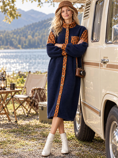 Retro Casual Color-blocked Leopard Print Trim Blue Fleece Midi Dress