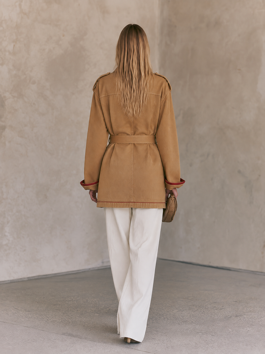 Camel Belted Utility Jacket With Safari Pockets And Epaulettes