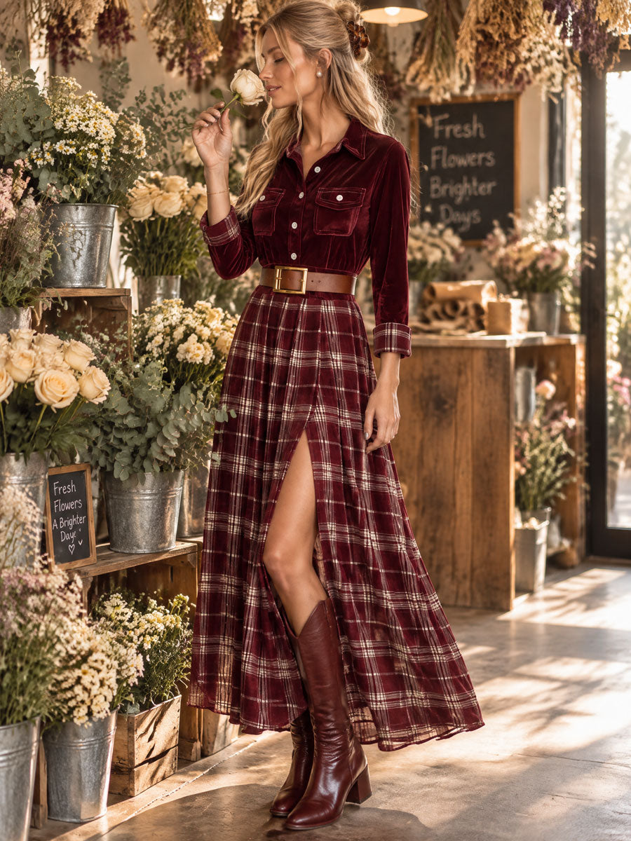 Retro Casual Plaid Print Red Velvet Lapel Slit Velvet Maxi Dress