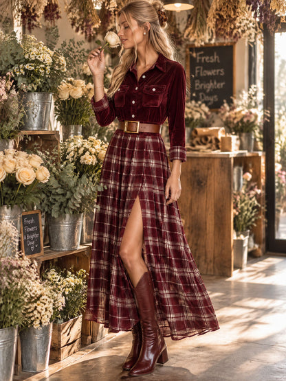 Retro Casual Plaid Print Red Velvet Lapel Slit Velvet Maxi Dress