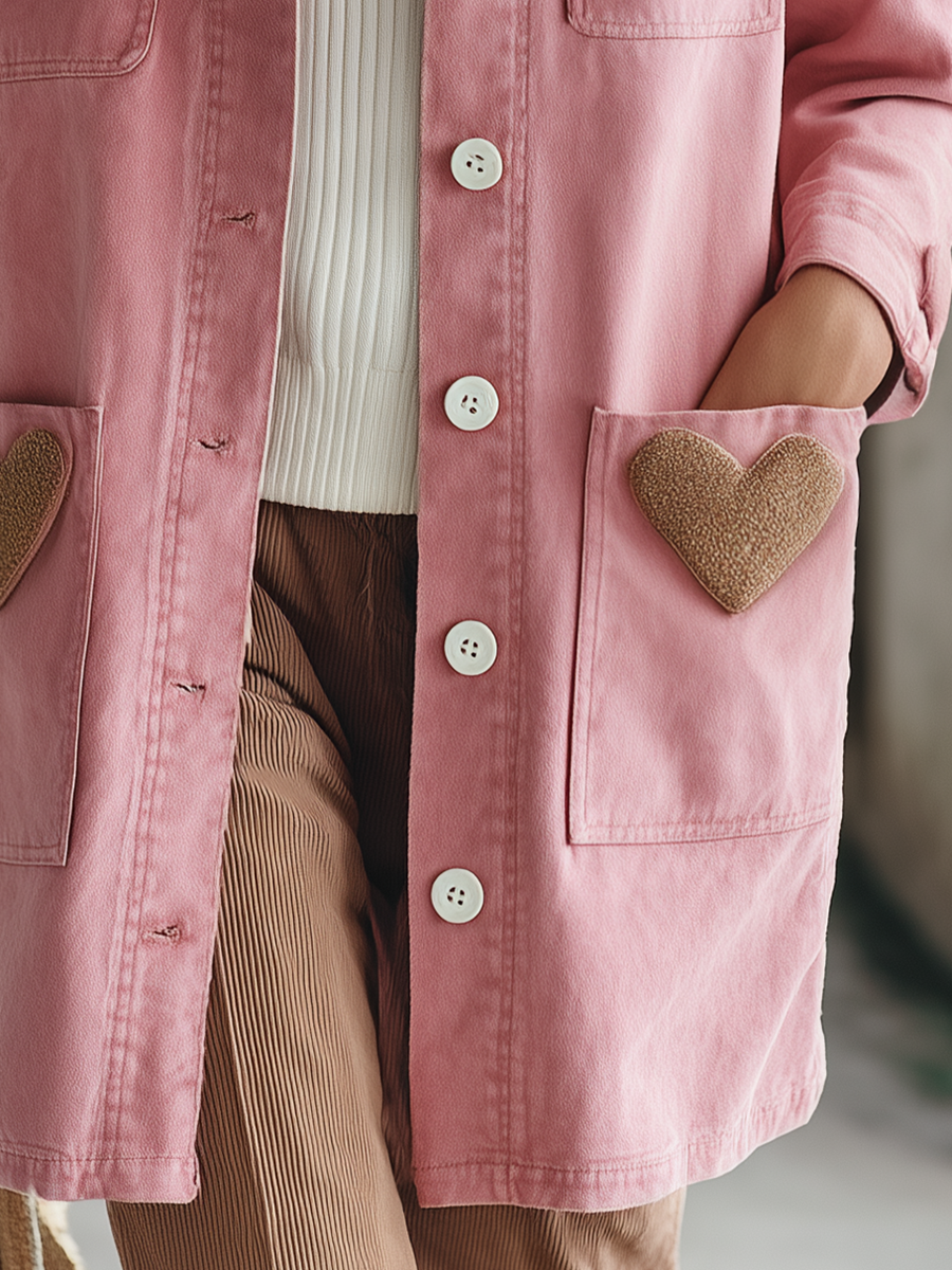 Women’s Pink Heart Patch Utility Chore Coat With Four Pockets