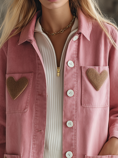 Women’s Pink Heart Patch Utility Chore Coat With Four Pockets