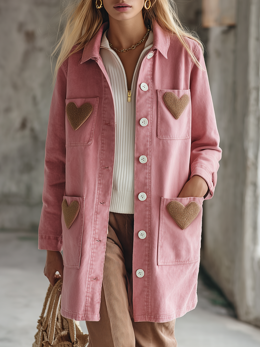 Women’s Pink Heart Patch Utility Chore Coat With Four Pockets