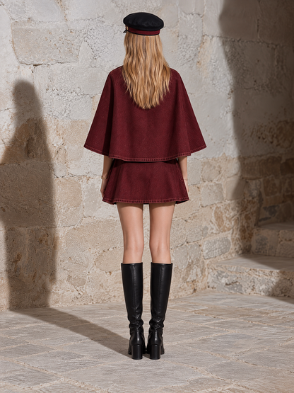 Burgundy Denim Cape Sleeve Mini Dress With Belt And Gold Buttons