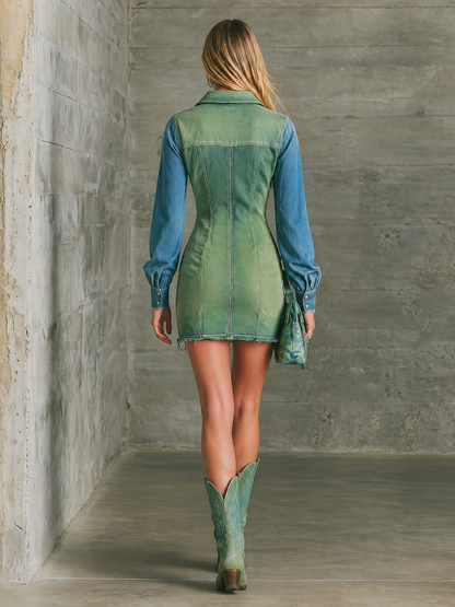 Two-Tone Denim Shirt Dress With Zip Front, Utility Pockets, And Raw Hem