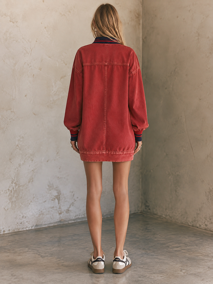 Washed Red Oversized Popover Sweatshirt Dress With Striped Trim