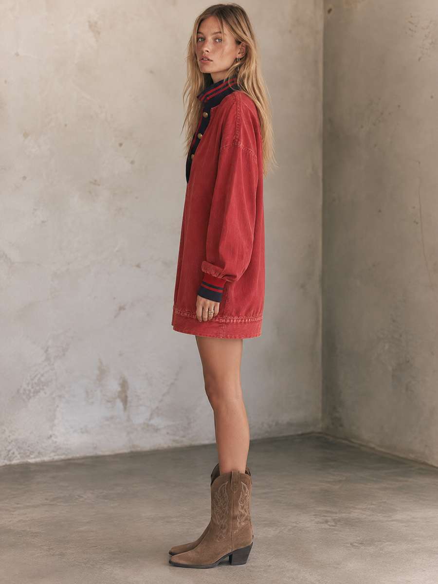 Washed Red Oversized Popover Sweatshirt Dress With Striped Trim