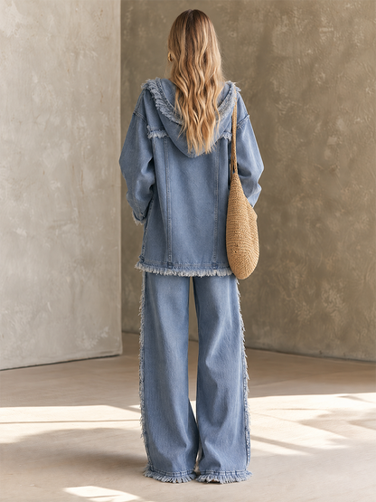 Women’s Frayed Denim Jumpsuit With Wide Legs