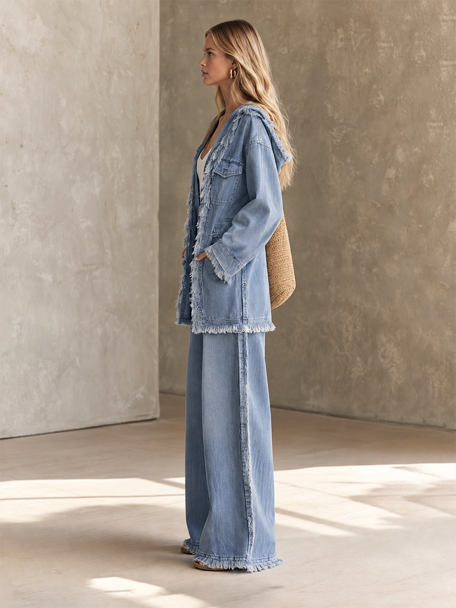 Women’s Frayed Denim Jumpsuit With Wide Legs