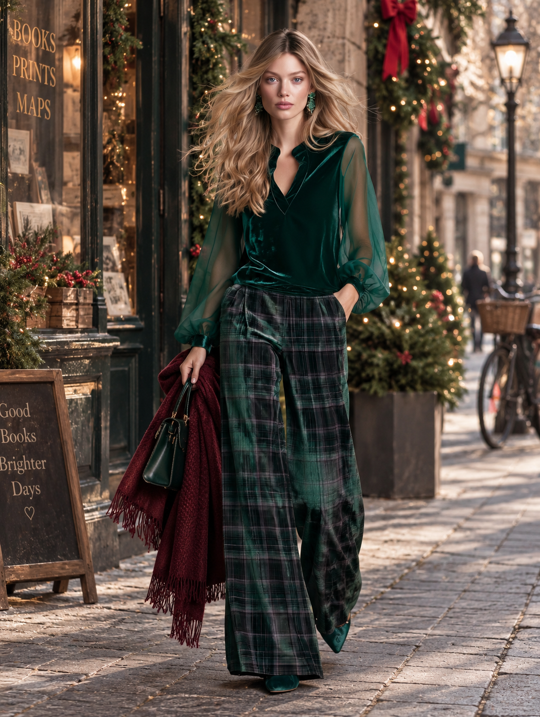 Vintage-style Green Sheer-sleeve Blouse And Plaid Wide-leg Trousers Velvet Set