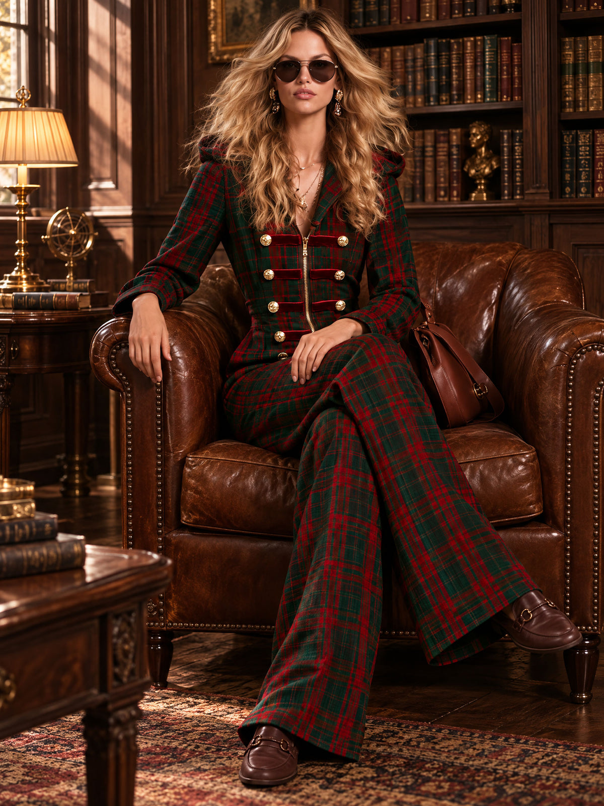 Retro Military-style Gold-buttoned Red And Green Plaid Velvet Hooded Jumpsuit