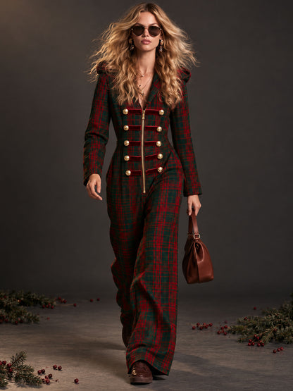 Retro Military-style Gold-buttoned Red And Green Plaid Velvet Hooded Jumpsuit