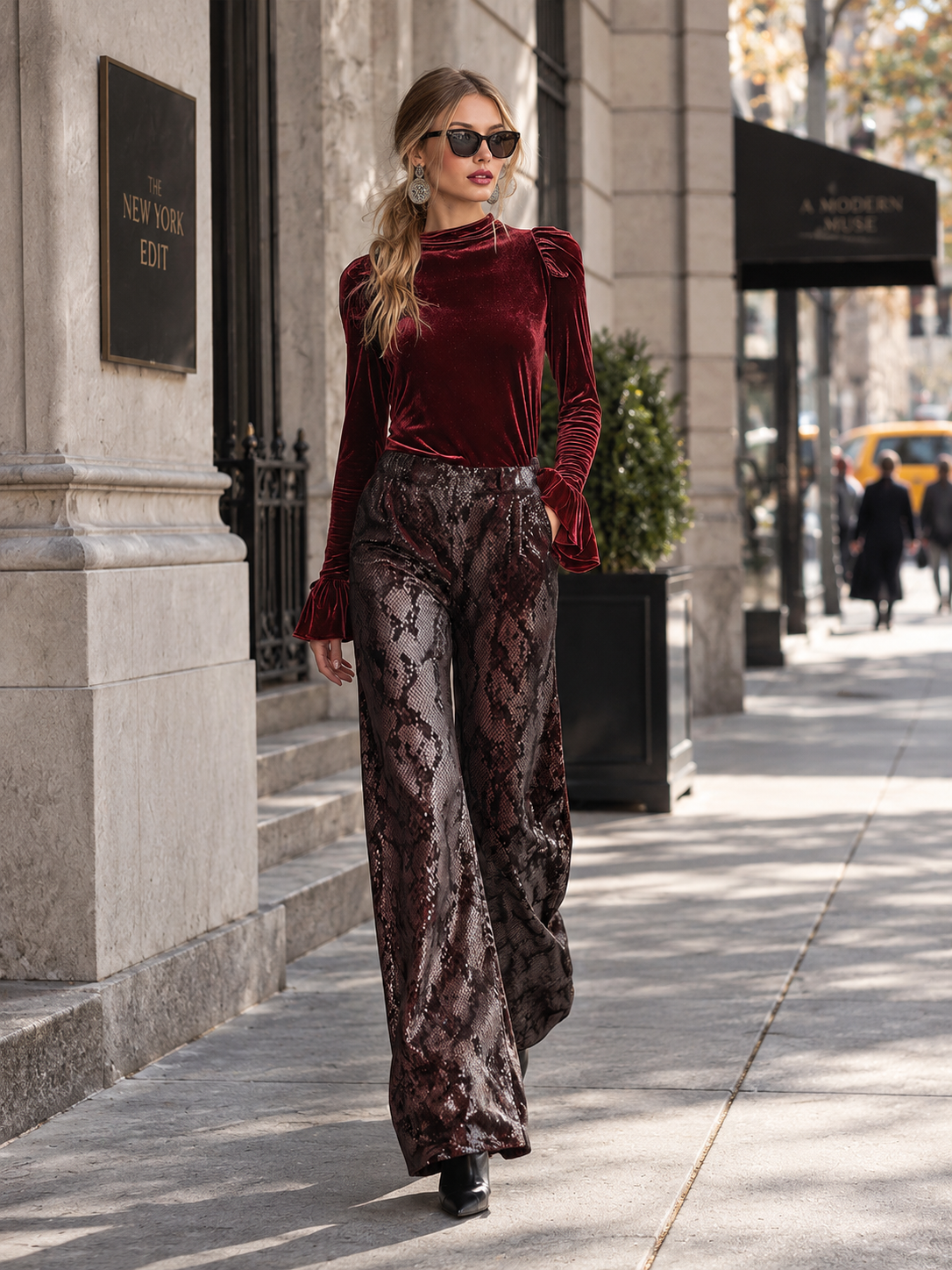 Vintage-style Burgundy Ruffled Shirt And Snakeskin-print Trousers Velvet Set