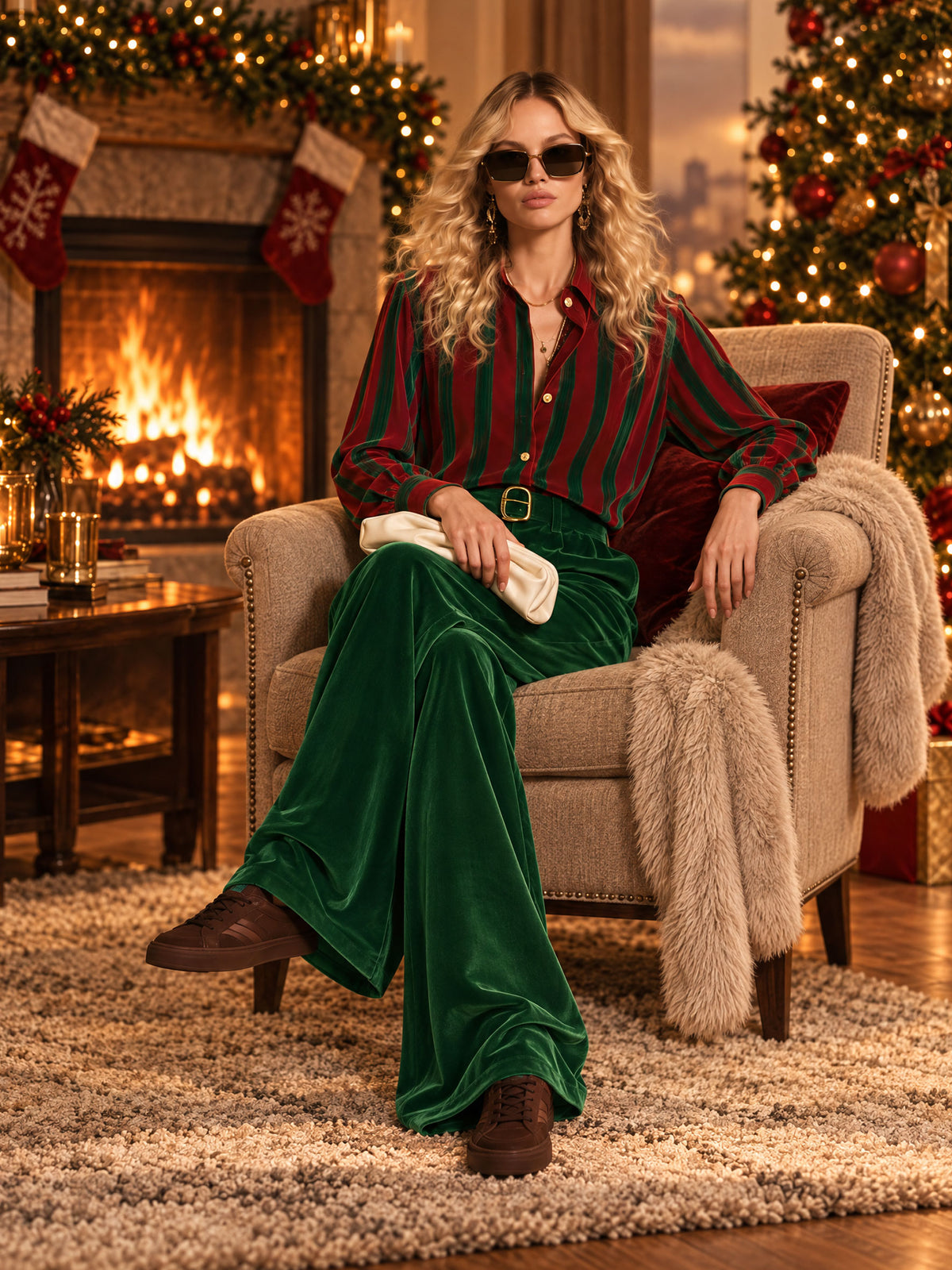 Simple Retro Red And Green Striped Shirt And Wide-leg Pants Set