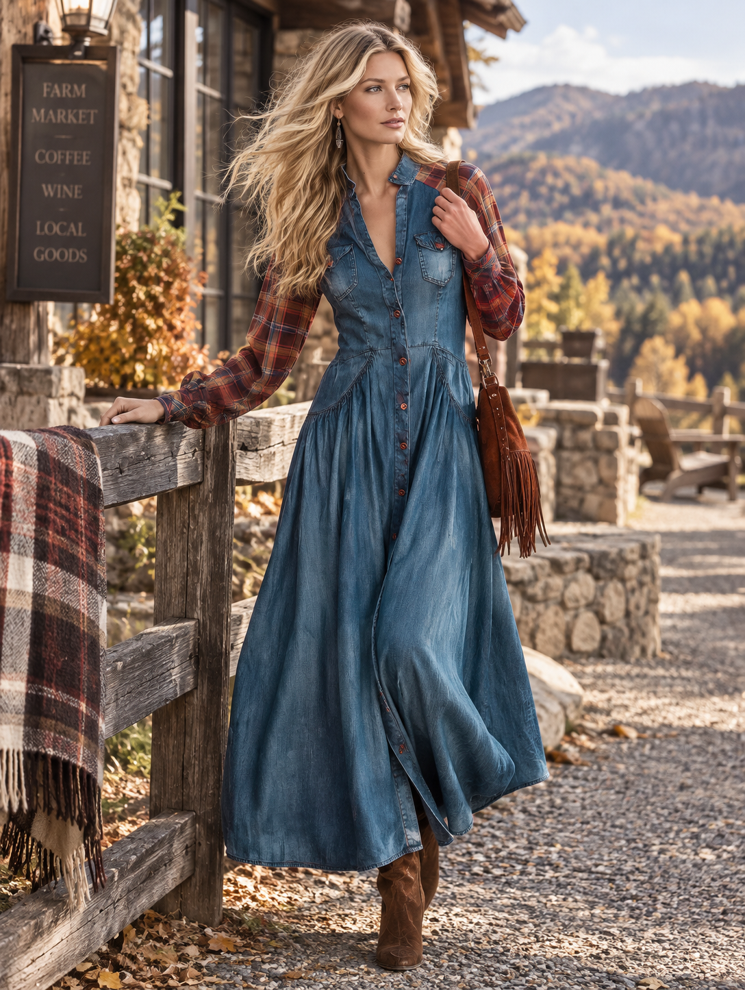 Vintage-style Plaid Raglan-sleeve Blue Denim Maxi Dress