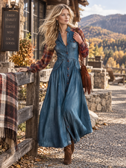 Vintage-style Plaid Raglan-sleeve Blue Denim Maxi Dress