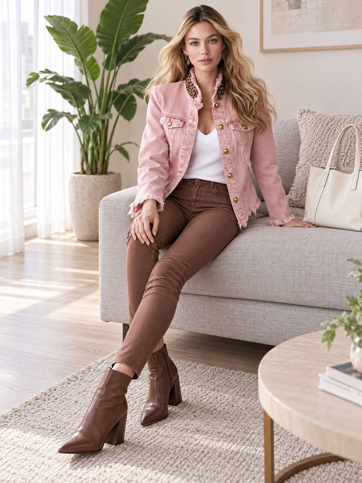 Casual Retro Faux Suede Leopard Print Frayed Pink Denim Jacket