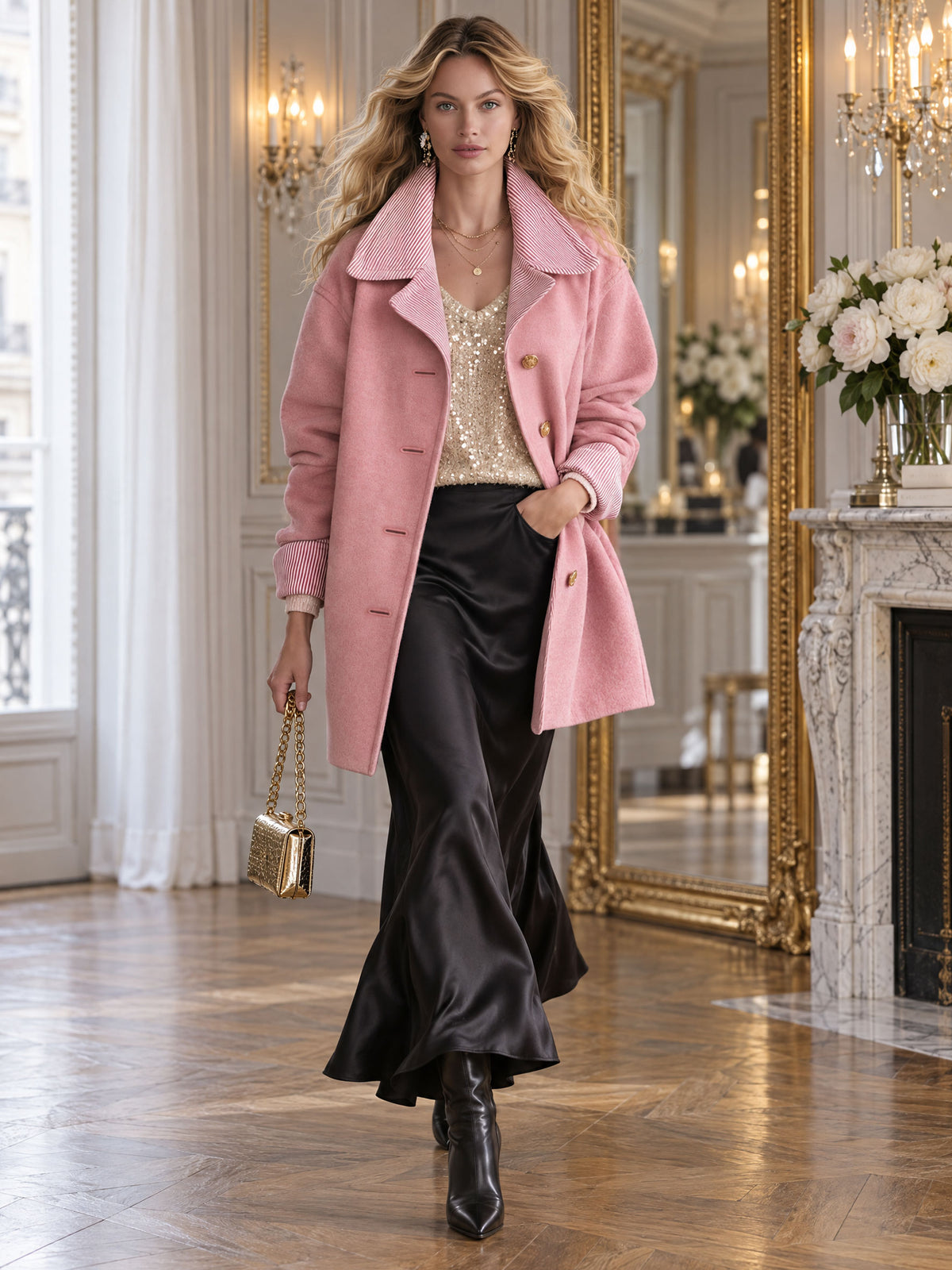 Stylish And Simple Striped Pink Coat