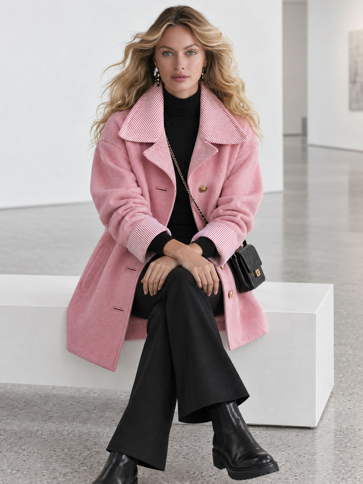 Stylish And Simple Striped Pink Coat