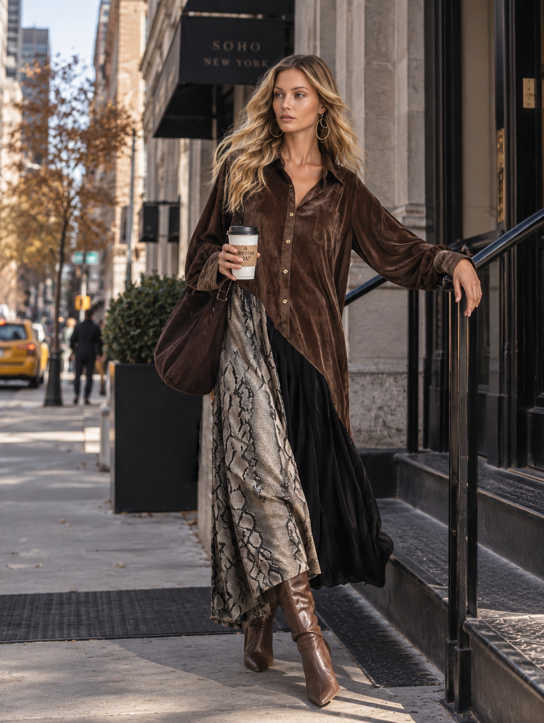 Urban-silhouette Color-block Snakeskin-print Velvet Shirt Maxi Dress