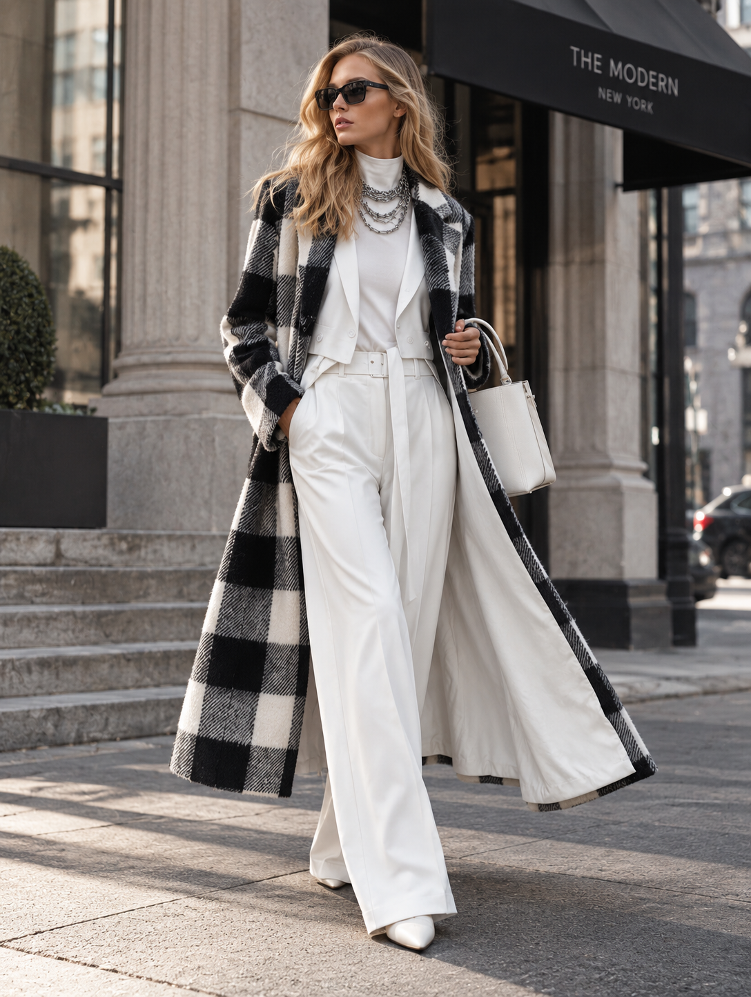 Classic Elegant Checked Lapel Coat