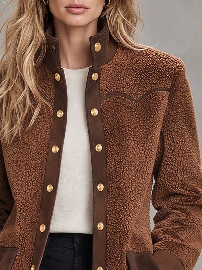Retro-chic Faux Suede Coat With Fleece Paneling