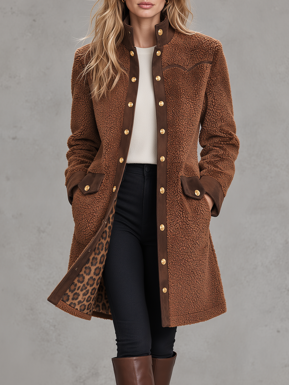 Retro-chic Faux Suede Coat With Fleece Paneling