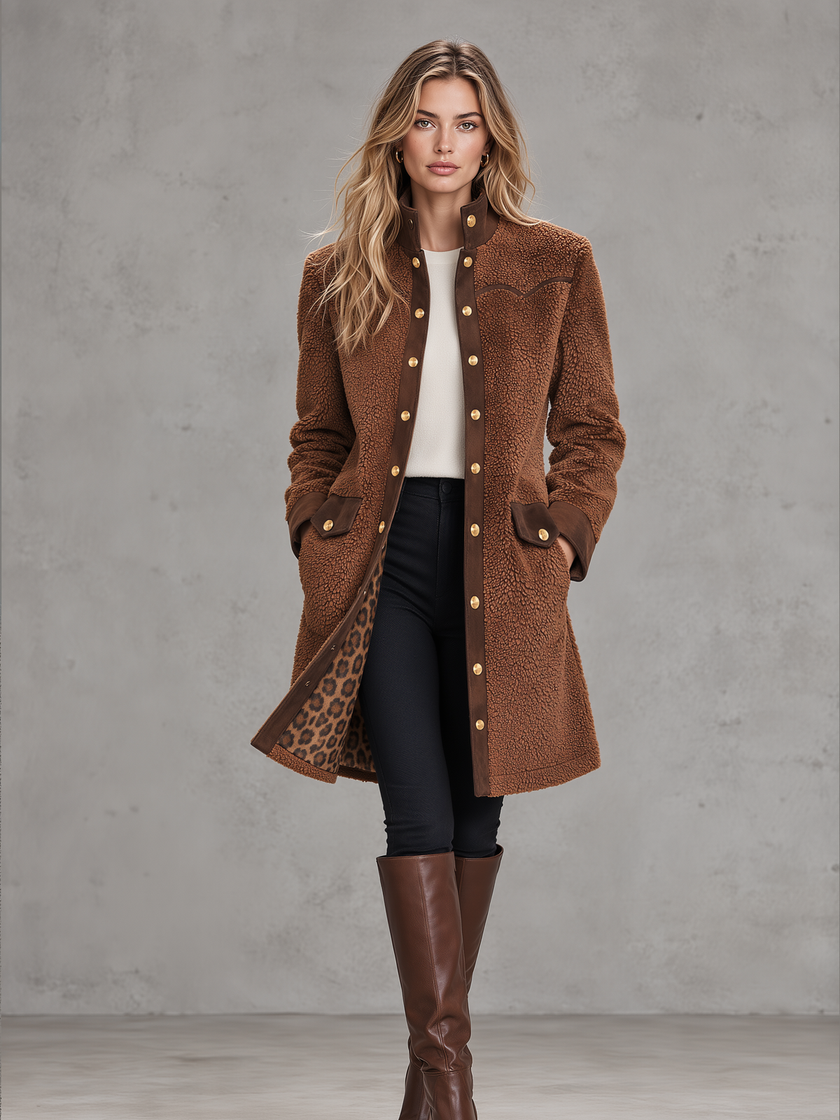Retro-chic Faux Suede Coat With Fleece Paneling
