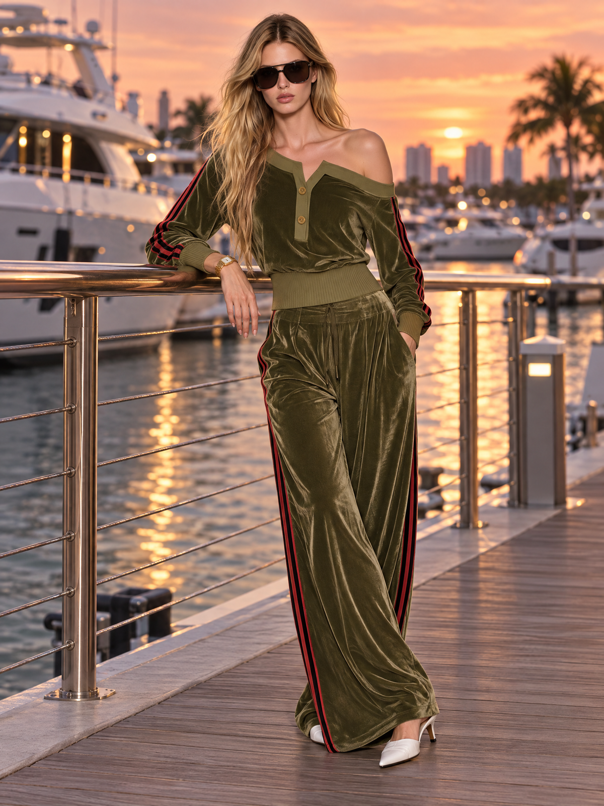 Sophisticated And Elegant Urban-style Color-block Velvet Set With An Asymmetrical Off-shoulder Top And Trousers