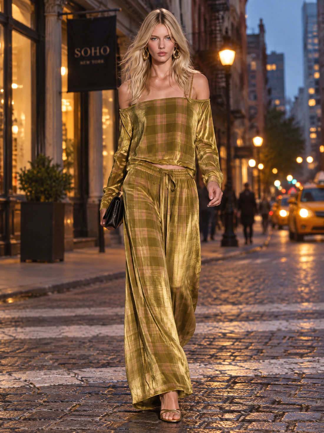 Boho Luxe Golden-olive Plaid Velvet Off Shoulder Top Wide Leg Pants Set