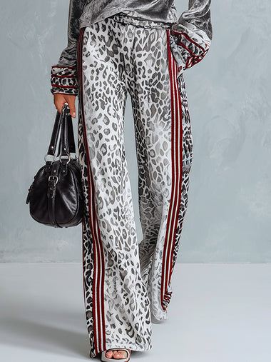 Chic Casual Striped Trim Grey Leopard-print Wide-leg Pants