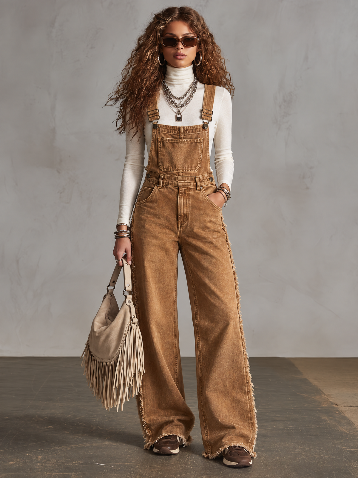 Vintage-style Frayed Wide-leg Distressed Washed Brown Denim Overalls