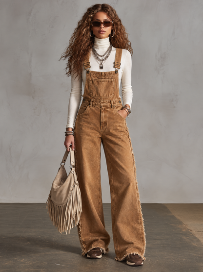 Vintage-style Frayed Wide-leg Distressed Washed Brown Denim Overalls