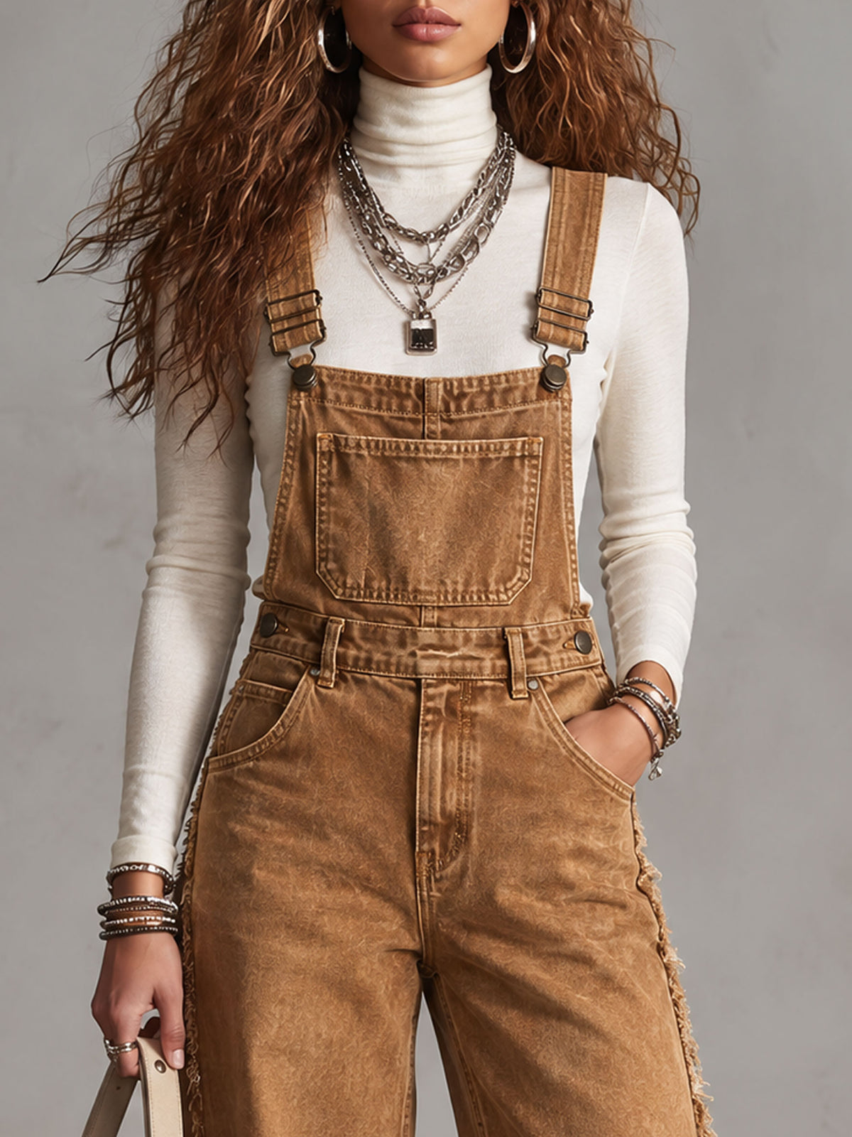 Vintage-style Frayed Wide-leg Distressed Washed Brown Denim Overalls