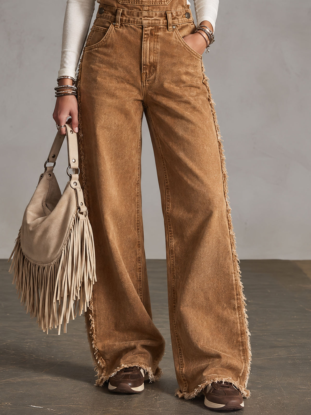 Vintage-style Frayed Wide-leg Distressed Washed Brown Denim Overalls