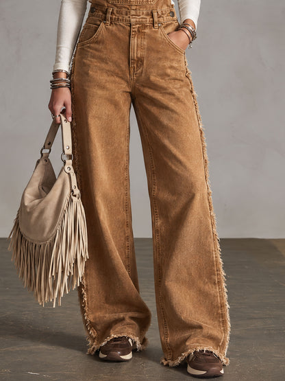 Vintage-style Frayed Wide-leg Distressed Washed Brown Denim Overalls