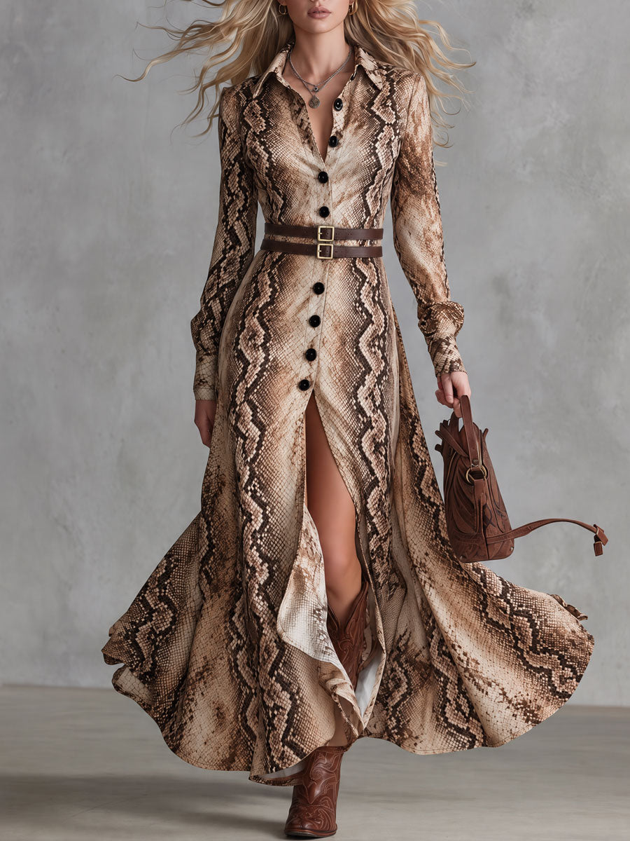 Retro Chic Brown Snakeskin Double-layer Belted Button Slit Maxi Dress