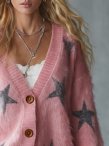 Casual Retro Color-blocked Star Pink Knit Cardigan
