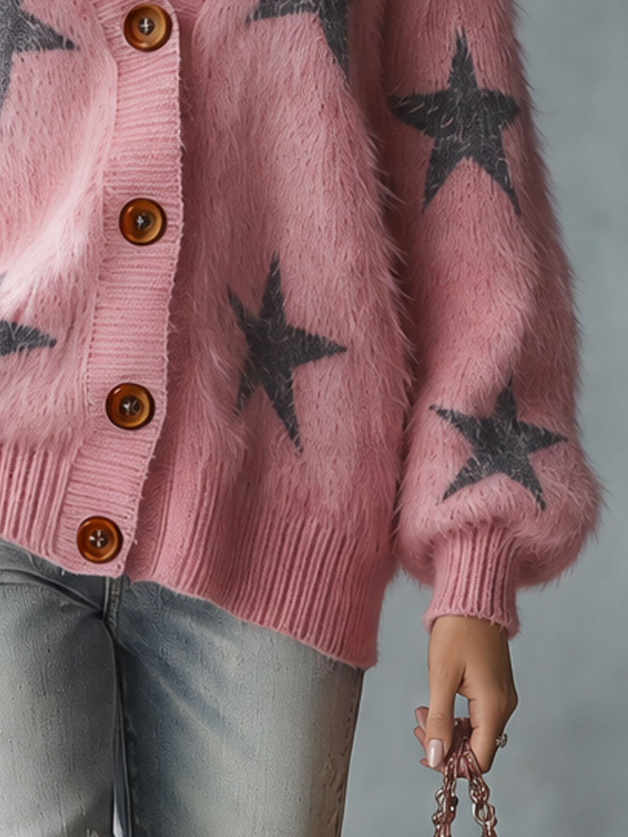 Casual Retro Color-blocked Star Pink Knit Cardigan