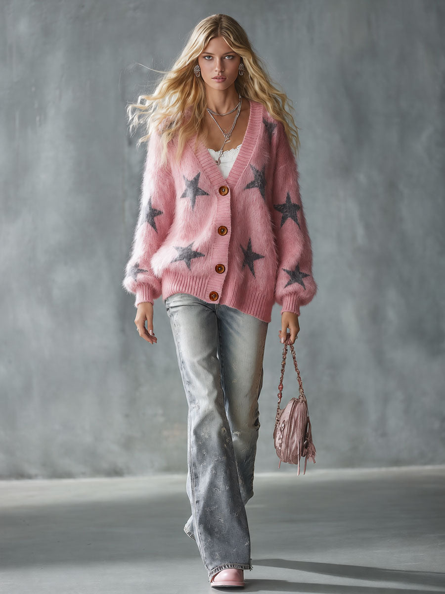 Casual Retro Color-blocked Star Pink Knit Cardigan