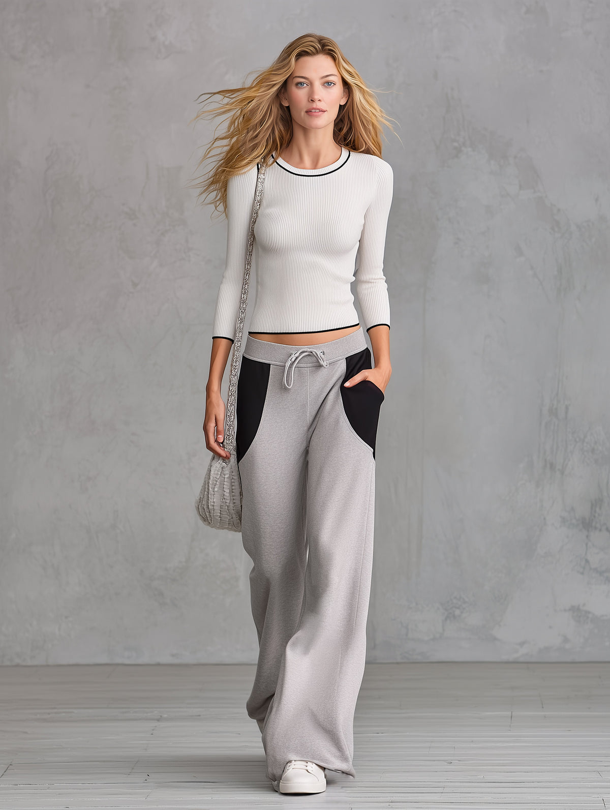 Retro-style White Ribbed Knit T-shirt and Contrasting Grey Sweatpants Set