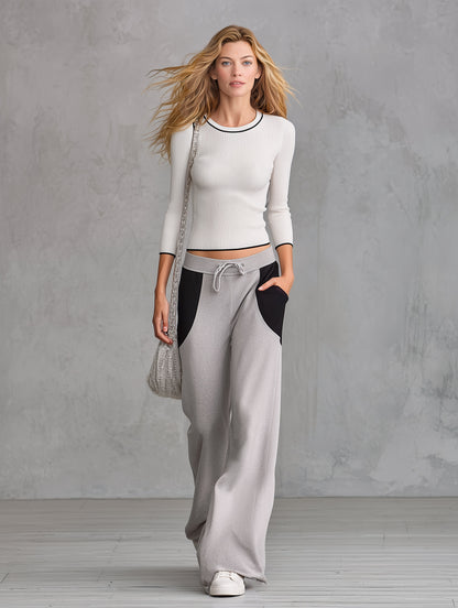 Retro-style White Ribbed Knit T-shirt and Contrasting Grey Sweatpants Set