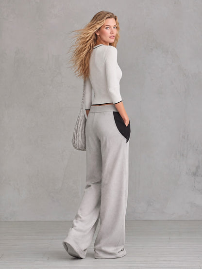 Retro-style White Ribbed Knit T-shirt and Contrasting Grey Sweatpants Set
