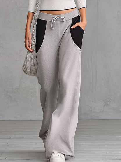 Retro-style White Ribbed Knit T-shirt and Contrasting Grey Sweatpants Set